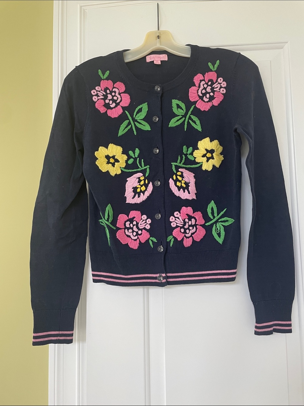 Lilly Pulitzer Navy Floral Embroidered Cardigan with Pink and Yellow Flowers